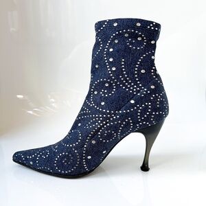 $599 Nando Muzi Sock Ankle Booties Blue Silver Pattern Stiletto Heel 38.5IT